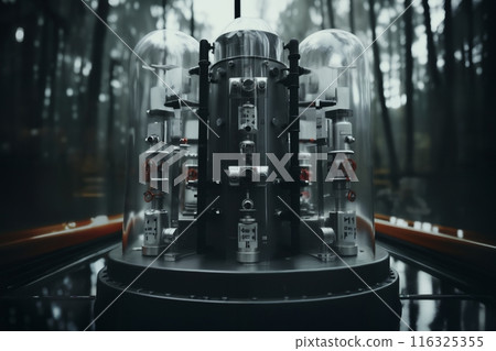 retro analog devices for industry and scientific research and measurements, lamp electronics, a secret laboratory in a remote location, retro futurism concept 116325355
