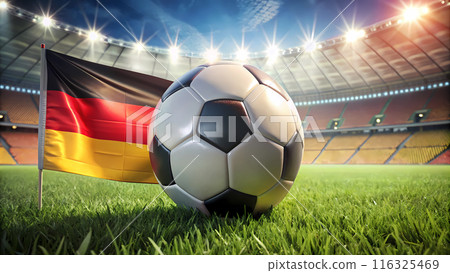 Soccer ball, Euro 2024, with the German flag on the background of the field 116325469
