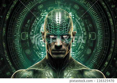 Portrait of warrior man with futuristic helm adorned on his head, and bright glowing crystal positioned on body. Dark abstract background with energy lights adds to fantasy-like atmosphere. 116325470