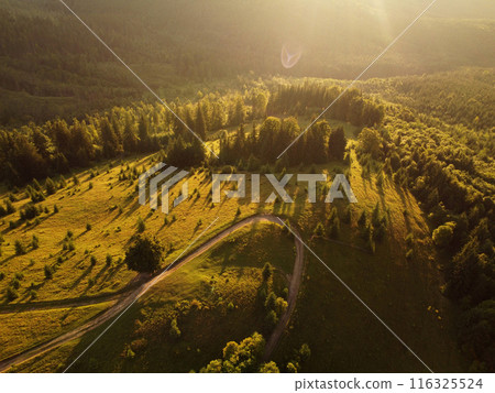Aerial view of beautiful mountain Carpathians, Ukraine in sunlight. Drone filmed an landscape with coniferous and beech forests, around a winding serpentine road, copter aerial photo Aerial view of beautiful mountain Carpathians, Ukraine in sunlight. Drone filmed an landscape with coniferous and beech forests, around a winding serpentine road, copter aerial photo 116325524