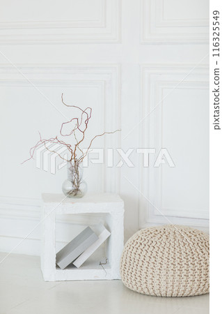 Interior design of light living room with white walls with moulding frames, stylish beige woven pouf, natural tree twigs in glass vase on concrete cube table, books. Scandinavian modern home decor. Interior design of light living room with white walls with moulding frames, stylish beige woven pouf, natural tree twigs in glass vase on concrete cube table, books. Scandinavian modern home decor. 116325549