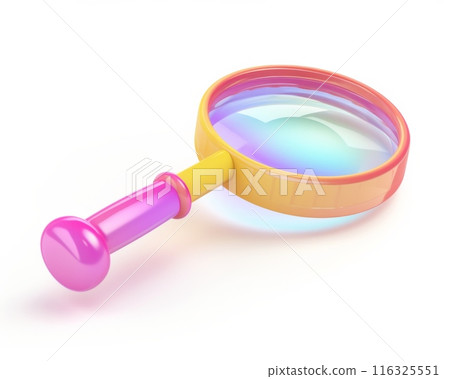 Loupe, magnifying glass for experiments. Science and experiment. Isolated children's cartoon 3d illustration on white background. Loupe, magnifying glass for experiments. Science and experiment. Isolated children's cartoon 3d illustration on white background. 116325551