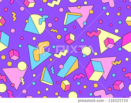 Geometric seamless pattern in 80s style. Colorful geometric pattern with isometric geometric 3D shapes. Design of promotional products, wrapping paper and printing. Vector illustration Geometric seamless pattern in 80s style. Colorful geometric pattern with isometric geometric 3D shapes. Design of promotional products, wrapping paper and printing. Vector illustration 116325710