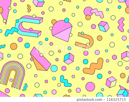 Geometric seamless pattern in 80s style. Colorful geometric pattern with isometric geometric 3D shapes. Design of promotional products, wrapping paper and printing. Vector illustration 116325715