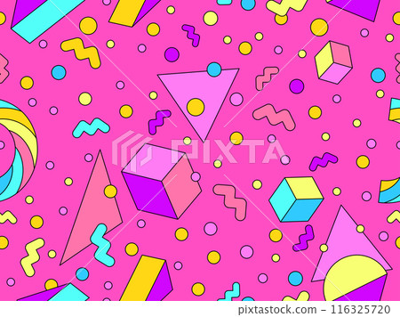 Geometric seamless pattern in 80s style. Colorful geometric pattern with isometric geometric 3D shapes. Design of promotional products, wrapping paper and printing. Vector illustration Geometric seamless pattern in 80s style. Colorful geometric pattern with isometric geometric 3D shapes. Design of promotional products, wrapping paper and printing. Vector illustration 116325720