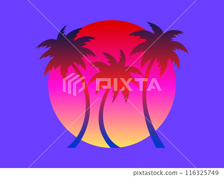 Silhouettes of palm trees at sunset gradient sun. Summer time. Colorful gradient colors, tropical sunset with palm trees and sun. Design for banners, posters, covers and booklets. Vector illustration 116325749