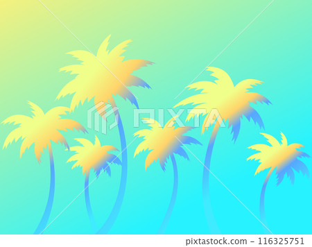Palm trees at dawn. Silhouette of tropical palm trees on a gradient background. Summer time poster with colorful palm trees on sky background. Design of posters and banners. Vector illustration 116325751