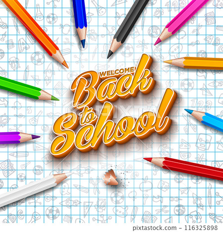 Back to School Design with Colorful Pencil and 3d Typography Lettering on Checkered Paper Background. Vector School Education Illustration with Hand Drawn Doodles for Greeting Card, Banner, Flyer 116325898