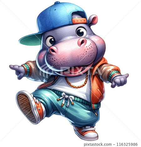 A hippo in baggy shorts and a basketball jersey, doing the robot dance. watercolor illustration A hippo in baggy shorts and a basketball jersey, doing the robot dance. watercolor illustration 116325986