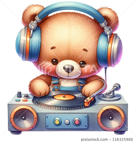 A bear with oversized headphones DJing on turntables. watercolor illustration 116325988