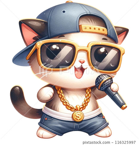 A Hiphop cat wearing sunglasses and a gold chain, rapping into a microphone watercolor illustration A Hiphop cat wearing sunglasses and a gold chain, rapping into a microphone watercolor illustration 116325997