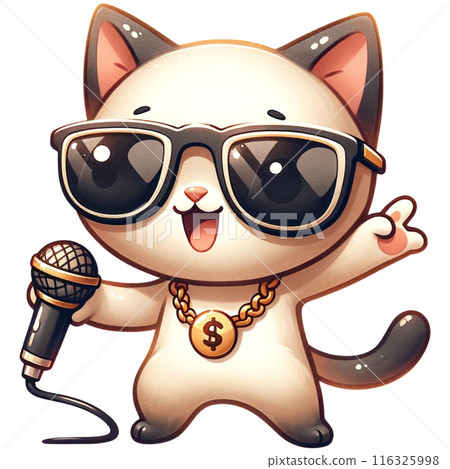 A Hiphop cat wearing sunglasses and a gold chain, rapping into a microphone watercolor illustration A Hiphop cat wearing sunglasses and a gold chain, rapping into a microphone watercolor illustration 116325998