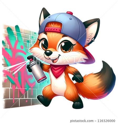 A Hiphop fox with a graffiti spray can, tagging a wall. watercolor illustration 116326000
