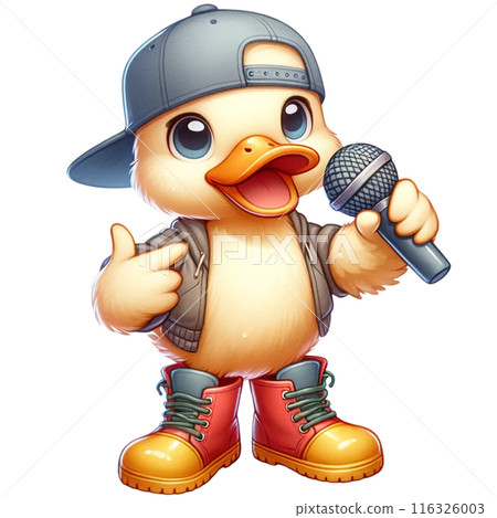 Watercolor illustration of A Hiphop duck in rubber boots and a flat brimmed cap, holding a microphone. Watercolor illustration of A Hiphop duck in rubber boots and a flat brimmed cap, holding a microphone. 116326003