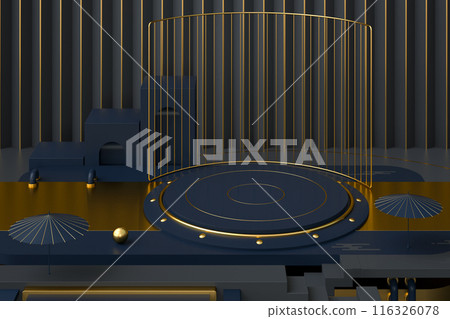Round product stage with golden decoration, 3d 116326078