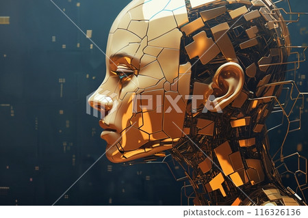 face of female android bio robot, close portrait, concept of cybernetics and biomechanics and robotics of future 116326136