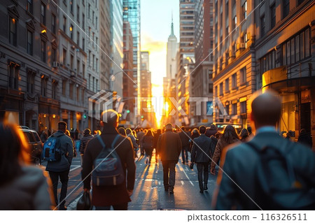 A blurred crowd of business people in the streets. Blurred frenzy, ambitious endeavors. 116326511