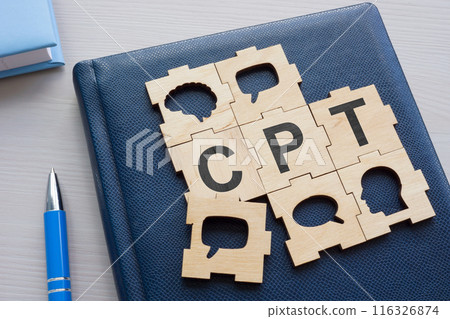 Puzzle pieces with abbreviation CPT Cognitive processing therapy. 116326874