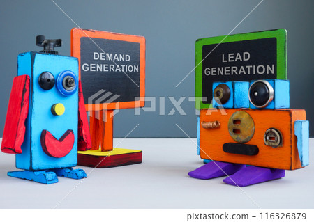 Colorful robots and signs with inscriptions Demand and lead generation. 116326879