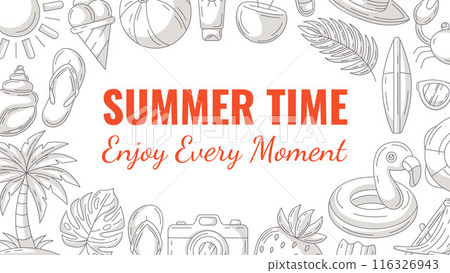 Summer minimalist horizontal banner, beach accessories, monochrome gray icons. Round border frame, copy space, isolated on white. Summertime, enjoy every moment. For poster, flyer, card, invitation Summer minimalist horizontal banner, beach accessories, monochrome gray icons. Round border frame, copy space, isolated on white. Summertime, enjoy every moment. For poster, flyer, card, invitation 116326943
