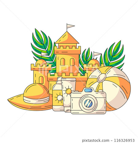 Sand castle, sunscreen, sun hat, camera, inflatable beach ball, tropical leaves. Composition with summer vacation elements and holiday accessories. Flat vector for sticker, scrapbook, social media Sand castle, sunscreen, sun hat, camera, inflatable beach ball, tropical leaves. Composition with summer vacation elements and holiday accessories. Flat vector for sticker, scrapbook, social media 116326953