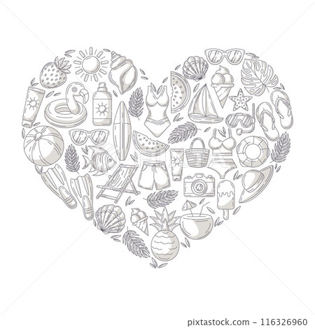 Summer holiday elements in heart shape. Square card, minimalist monochrome gray beach accessories icons isolated on white. For poster, flyer, banner, invitation, social media, postcard 116326960