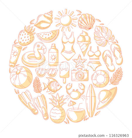 Summer holiday elements in round shape. Square card, minimalist monochrome orange beach accessories icons isolated on white, space for text. For poster, flyer, banner, invitation, social media. 116326963
