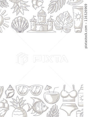 Summer minimalist vertical a4 poster, beach elements and accessories icons, monochrome gray. Upper and bottom border frame, copy space, isolated on white. For card, banner, invitation, social media 116326969