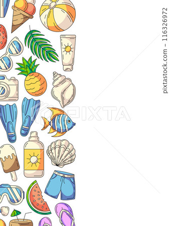 Summer colorful vertical a4 poster, beach elements and accessories icons. Left side border frame, copy space, isolated on white. For card, flyer, banner, invitation, social media, planner, postcard Summer colorful vertical a4 poster, beach elements and accessories icons. Left side border frame, copy space, isolated on white. For card, flyer, banner, invitation, social media, planner, postcard 116326972