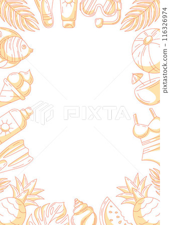 Summer minimalist vertical a4 poster, beach elements and accessories icons, monochrome orange. Round border frame, copy space, isolated on white. For card, flyer, banner, invitation, social media Summer minimalist vertical a4 poster, beach elements and accessories icons, monochrome orange. Round border frame, copy space, isolated on white. For card, flyer, banner, invitation, social media 116326974