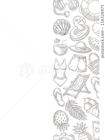 Summer minimalist vertical a4 poster, beach elements and accessories icons, monochrome gray. Right side border frame, copy space, isolated on white. For card, flyer, banner, invitation, social media Summer minimalist vertical a4 poster, beach elements and accessories icons, monochrome gray. Right side border frame, copy space, isolated on white. For card, flyer, banner, invitation, social media 116326975