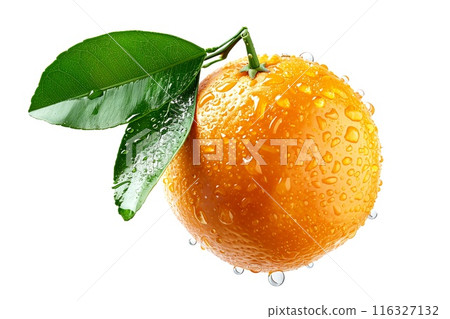 A fresh and juicy orange with leaves and water droplets against a white background A fresh and juicy orange with leaves and water droplets against a white background 116327132