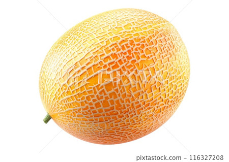 A ripe and juicy cantaloupe melon isolated on a white transparent background, highlighting its textured skin A ripe and juicy cantaloupe melon isolated on a white transparent background, highlighting its textured skin 116327208