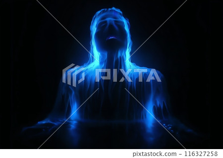 a glowing silhouette of a man in a dark background like a scary ghost 116327258