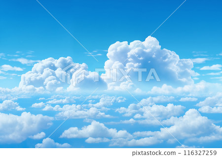beautiful blue sky with sun and white cumulus clouds aerial view for abstract background 116327259