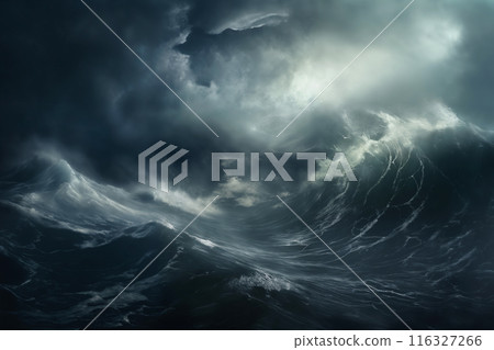 sea storm, dark dramatic stormy sky with cumulus clouds over waves for abstract background 116327266