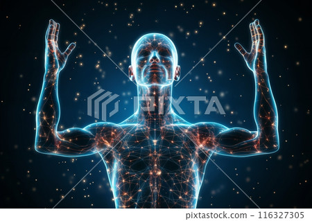 silhouette of a human body with the blood circulatory system and neural connections around head and brain, vegetative system, dark blue background, biotechnology concept 116327305