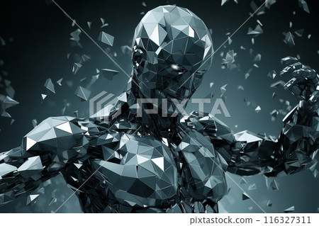 a robot with a human body skeleton made of liquid metal and glass and a frame standing on an abstract background, cybernetics, computer rendering 116327311
