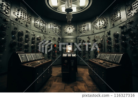 command post of a retro analog control center for an industrial facility or nuclear power plant, a control panel, devices for industrial and scientific research and measurements 116327316