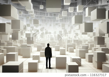 a man stands in the distance, surrounded by a lot of white blocks and cubes on the floor and walls and flying in space, in the style of 3D rendering 116327317