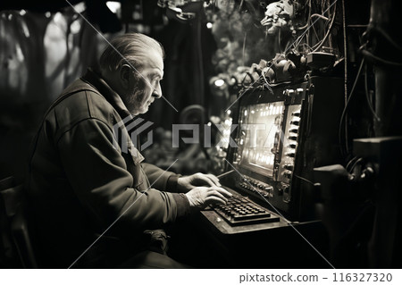 A man watches the monitor screens of a video surveillance system in a secret base in the forest, a dark atmosphere 116327320