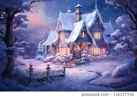 village street in winter season decorated for Christmas or New Year holiday, beautiful view of exteriors of houses , snow, sunset, street lights, festive environment 116327336