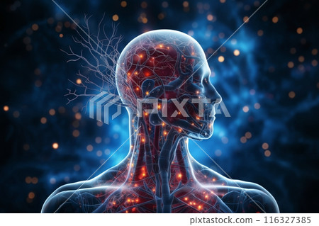 silhouette of a human body with the blood circulatory system and neural connections around head and brain, vegetative system, dark blue background, biotechnology concept 116327385