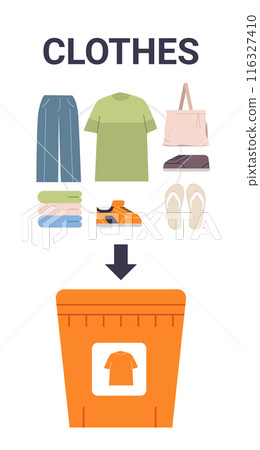 Clothes donation bin with various garments including pants shirt bag shoes flip-flops and folded clothes orange bin with clothing icon 116327410