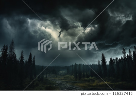 night landscape, dark dramatic stormy sky with cumulus clouds over forest for abstract background 116327415