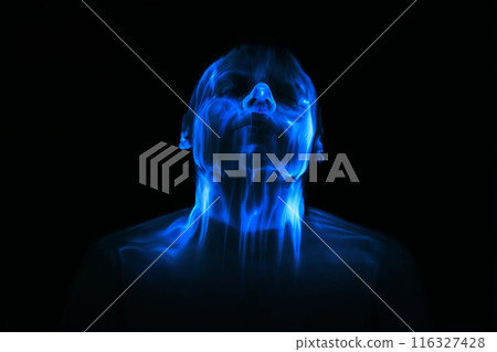 a glowing silhouette of a man in a dark background like a scary ghost a glowing silhouette of a man in a dark background like a scary ghost 116327428