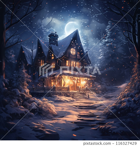 village street in winter season decorated for Christmas or New Year holiday, beautiful view of exteriors of houses , snow, sunset, street lights, festive environment village street in winter season decorated for Christmas or New Year holiday, beautiful view of exteriors of houses , snow, sunset, street lights, festive environment 116327429