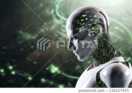 android robot works with computer and data against background of abstract digital space with holographic elements and lights, cyber future 116327455