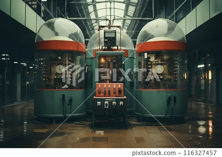 industrial data center, retro analog devices for industry and scientific research and measurements, in interior of laboratory, concept of retro futurism, lamp electronics industrial data center, retro analog devices for industry and scientific research and measurements, in interior of laboratory, concept of retro futurism, lamp electronics 116327457