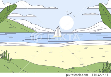 Sailboat on ocean near beach with hills and plants in foreground sun and birds in sky minimalist landscape Sailboat on ocean near beach with hills and plants in foreground sun and birds in sky minimalist landscape 116327461